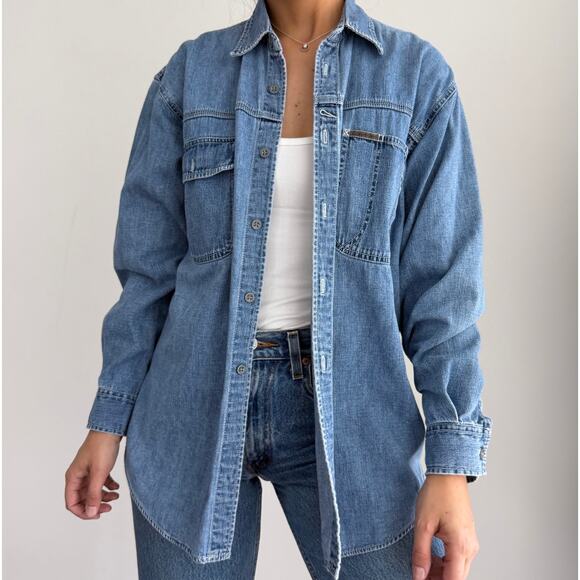 Vintage Calvin Klein 90s denim oversized button front shirt - Picture 1 of 14
